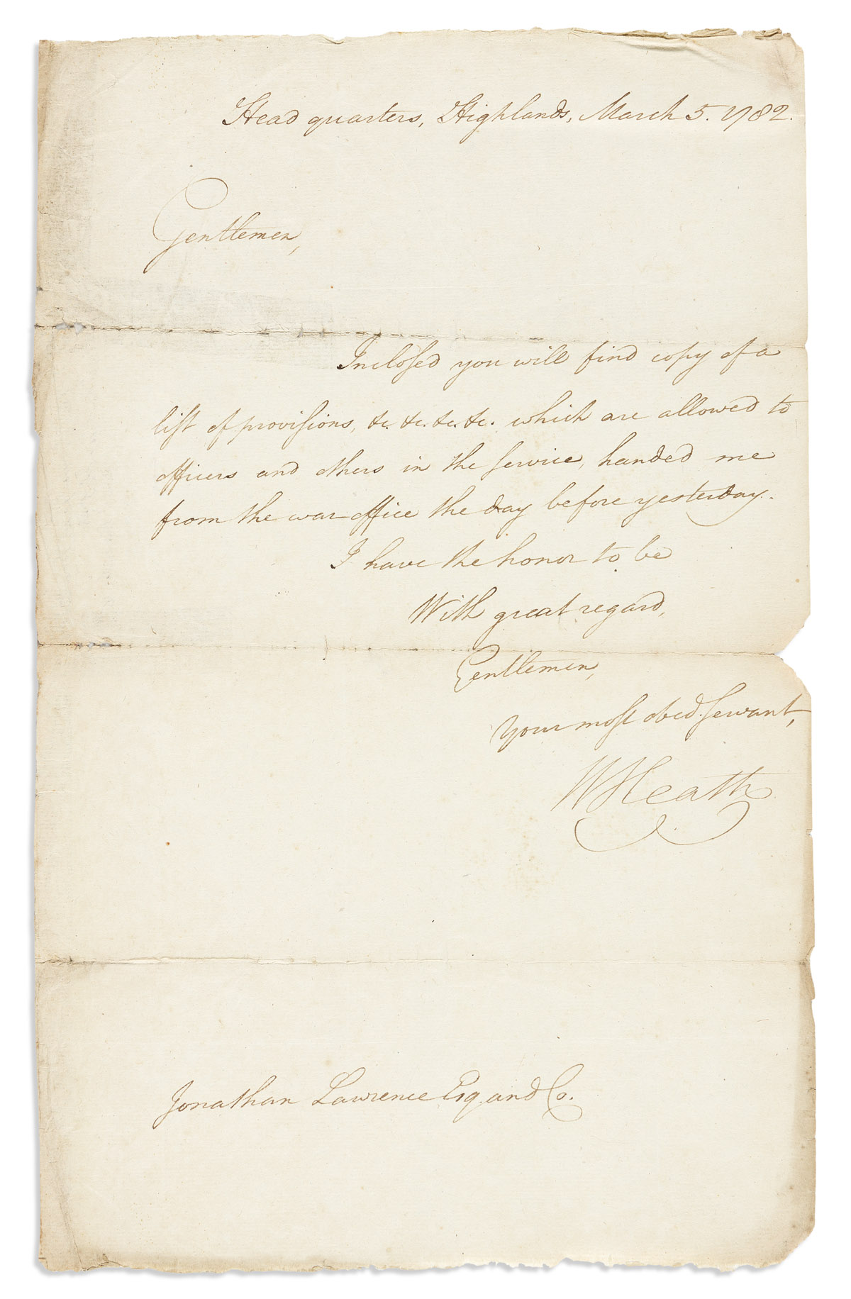 (REVOLUTIONARY WAR.) HEATH, WILLIAM. Brief Letter Signed, WHeath, to Jonathan Lawrence and Co.: